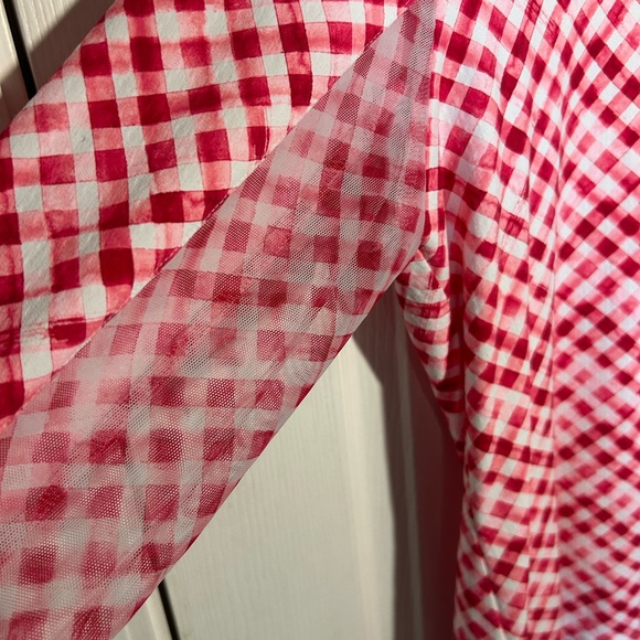 IBKUL Women's Large Gingham Check Print Long Sleeve Mock Neck Red White 1/4 Zip - Picture 4 of 10